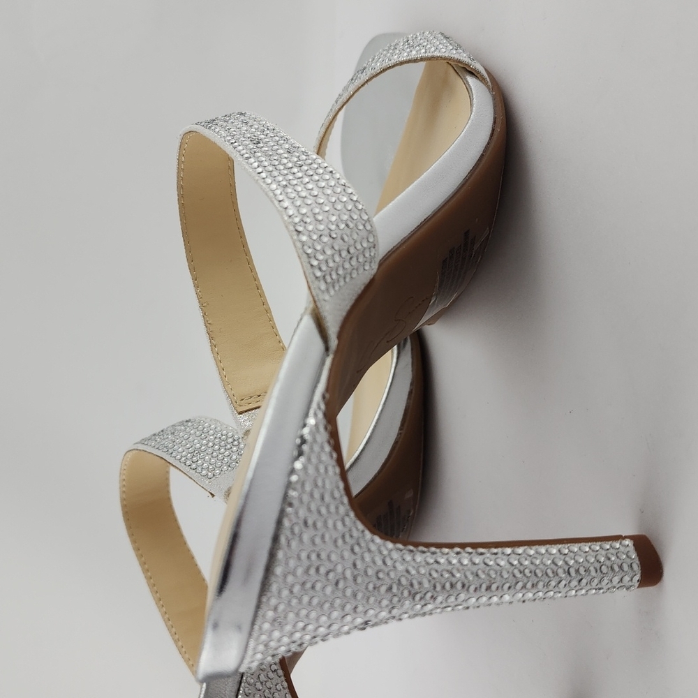 Jessica Simpson Women Silver Rhinestone Double Strap Slip On High Heel Sandal 9M - Picture 9 of 16